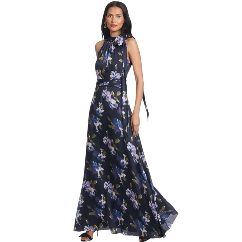 NWT SACHIN + BABI Floral Crinkle Georgette Sleeveless Tie Neck Gown Size 10 - Picture 2 of 5